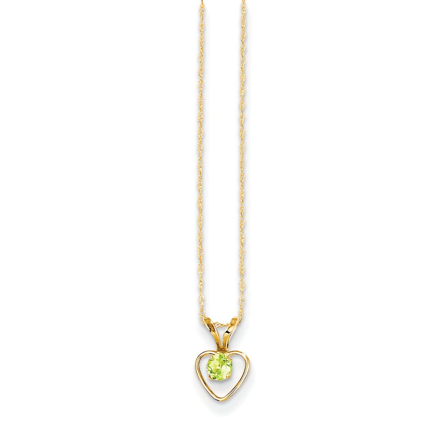 14K Gold 3mm Peridot Heart Children's Birthstone Necklace 15"