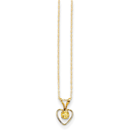 14K Gold 3mm Citrine Heart Children's Birthstone Necklace 15"