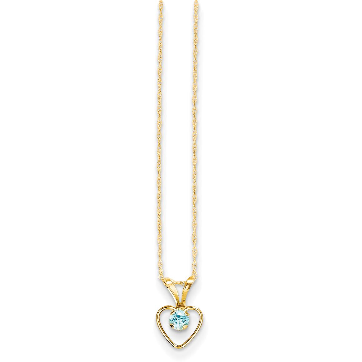 14K Gold 3mm Blue Zircon Heart Children's Birthstone Necklace 15"