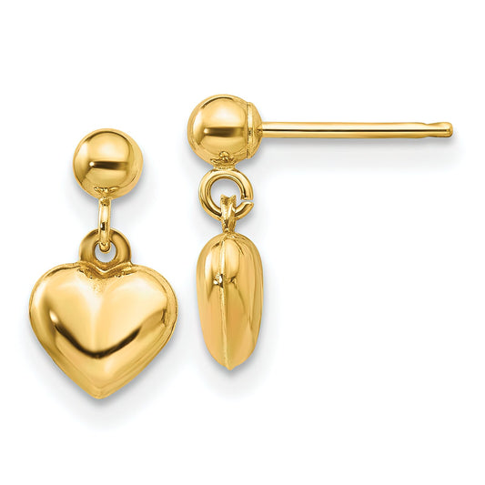 14K Gold Childrens Puffed Heart Dangle Earrings