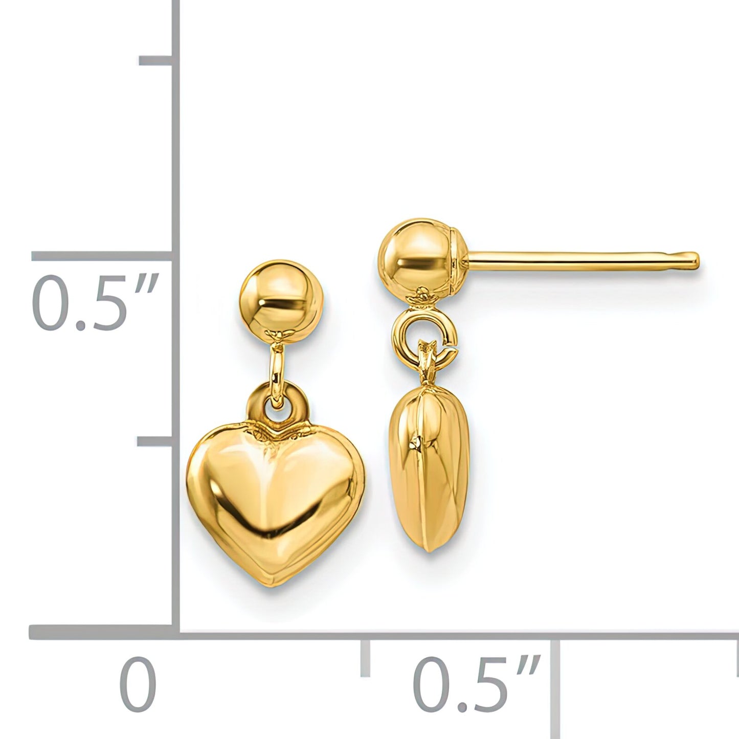 14K Gold Childrens Puffed Heart Dangle Earrings