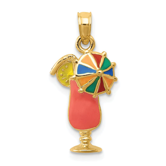 14K Gold Pink Enameled Tropical Drink Pendant