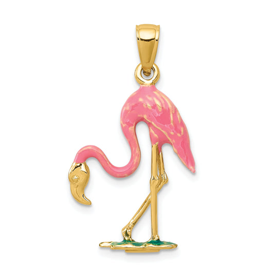 14K Gold Enameled 3-D Pink Flamingo Pendant