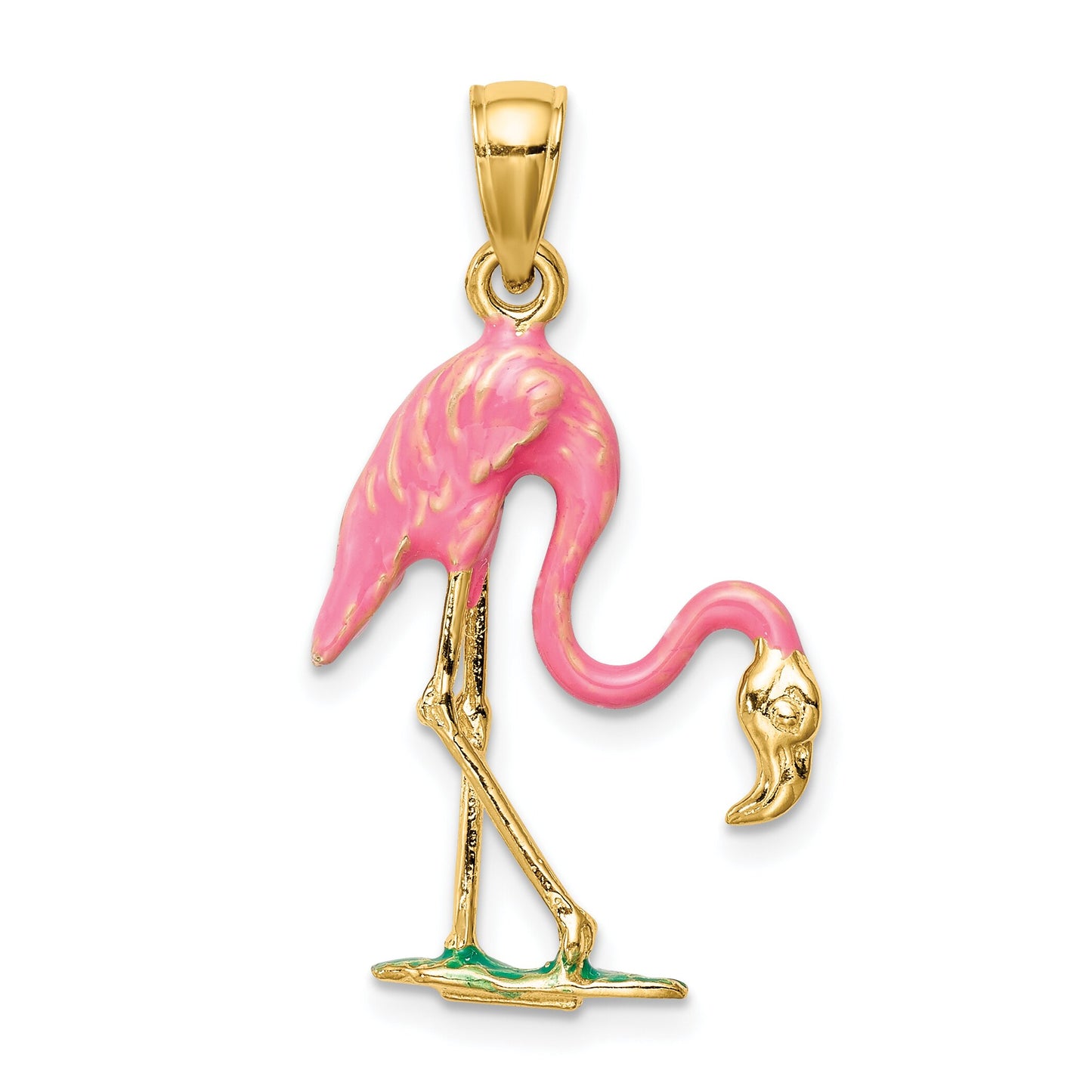 14K Gold Enameled 3-D Pink Flamingo Pendant