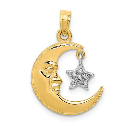 14K Two Tone Gold Half Moon & Star Pendant