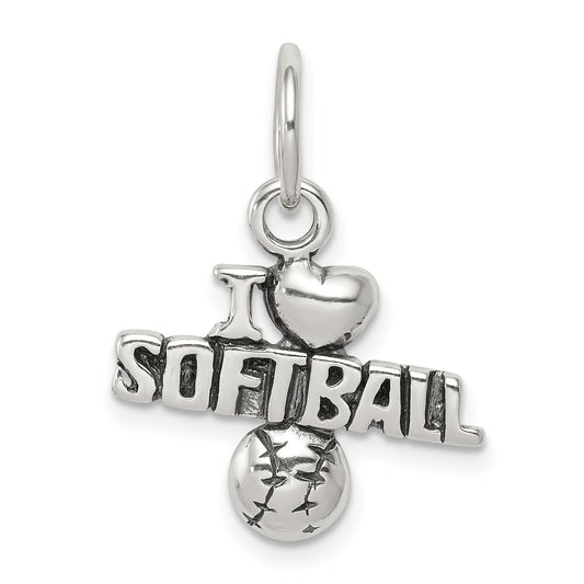 Sterling Silver Antiqued I Love Softball Charm
