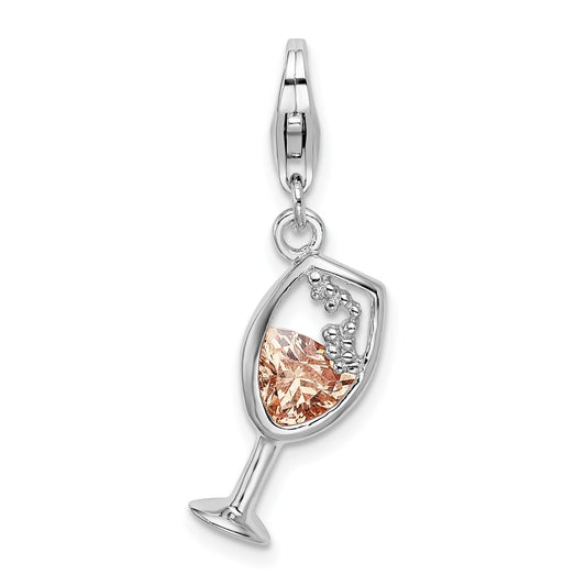 Sterling Silver CZ Champagne Glass Lobster Clasp Charm