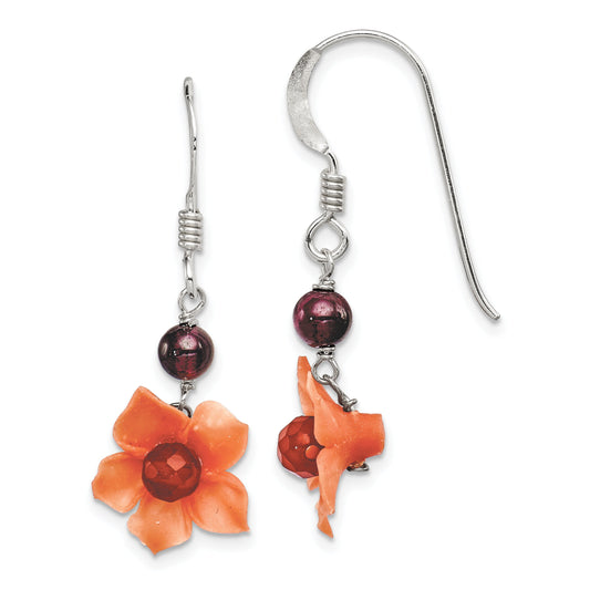 Sterling Silver Garnet & Carnelian Flower Earrings