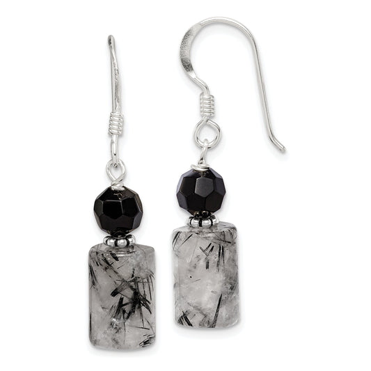 SS Black Crystal & Rutilated Quartz Earrings Jewelry