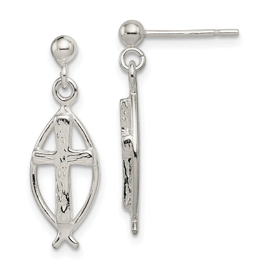Sterling Silver Ichthus Fish Cross Earrings Jewelry