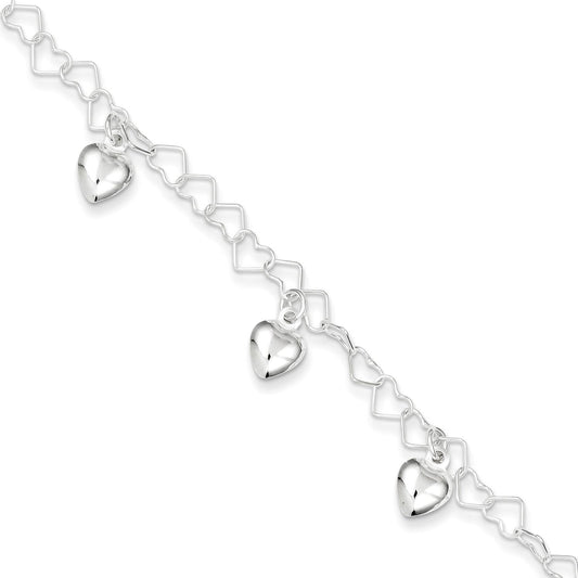 Sterling Silver Heart Fancy Link Charm Bracelet 6"