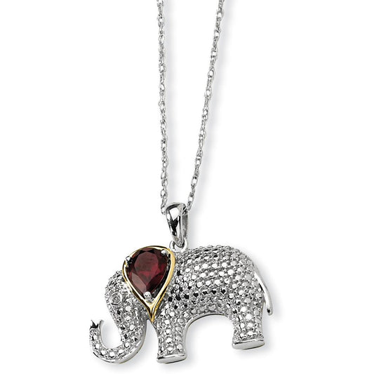 Ster Silver 14K Gold IJ|Red Diamond & Garnet Elephant Pendant