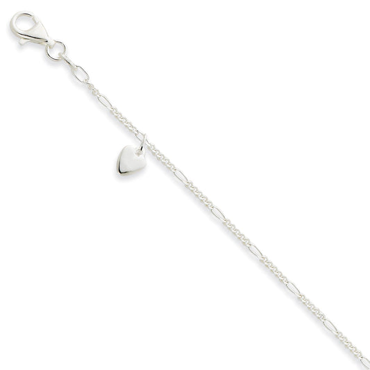 Sterling Silver Heart Figaro Chain Anklet 10"
