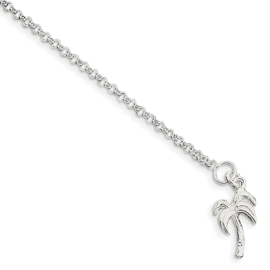 Sterling Silver Palm Tree Rolo Chain Anklet