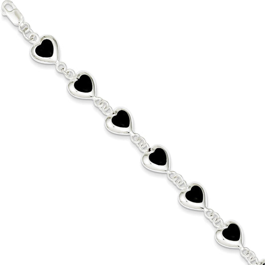 Sterling Silver Onyx Heart Fancy Link Bracelet 7"