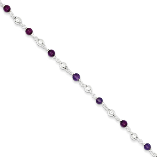 Sterling Silver Amethyst Beaded Link Bracelet 7"