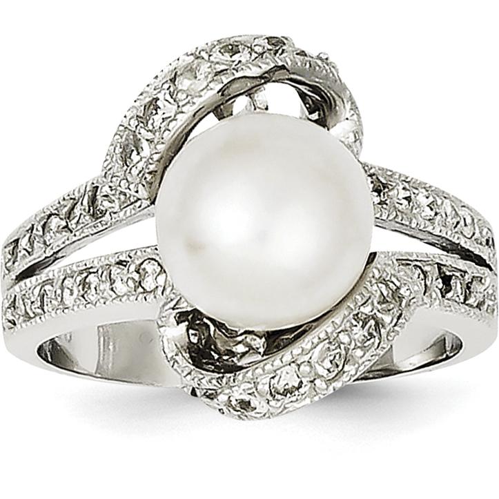 Sterling Silver Imitation Pearl & CZ Ring Sz 6