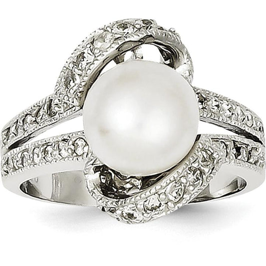 Sterling Silver Imitation Pearl & CZ Ring Sz 6