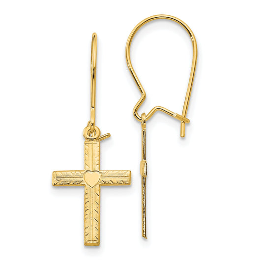 14K Gold Kidney Wire Heart Cross Earrings