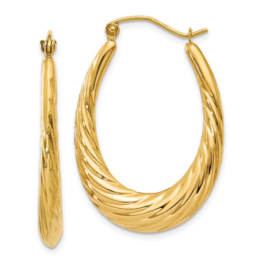 14K Gold Twisted Oval Hollow Hoop Earrings