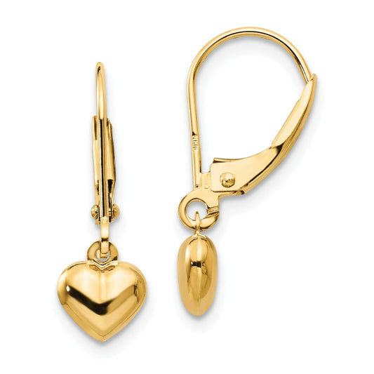 14K Gold Puffed Heart Dangle Earrings New