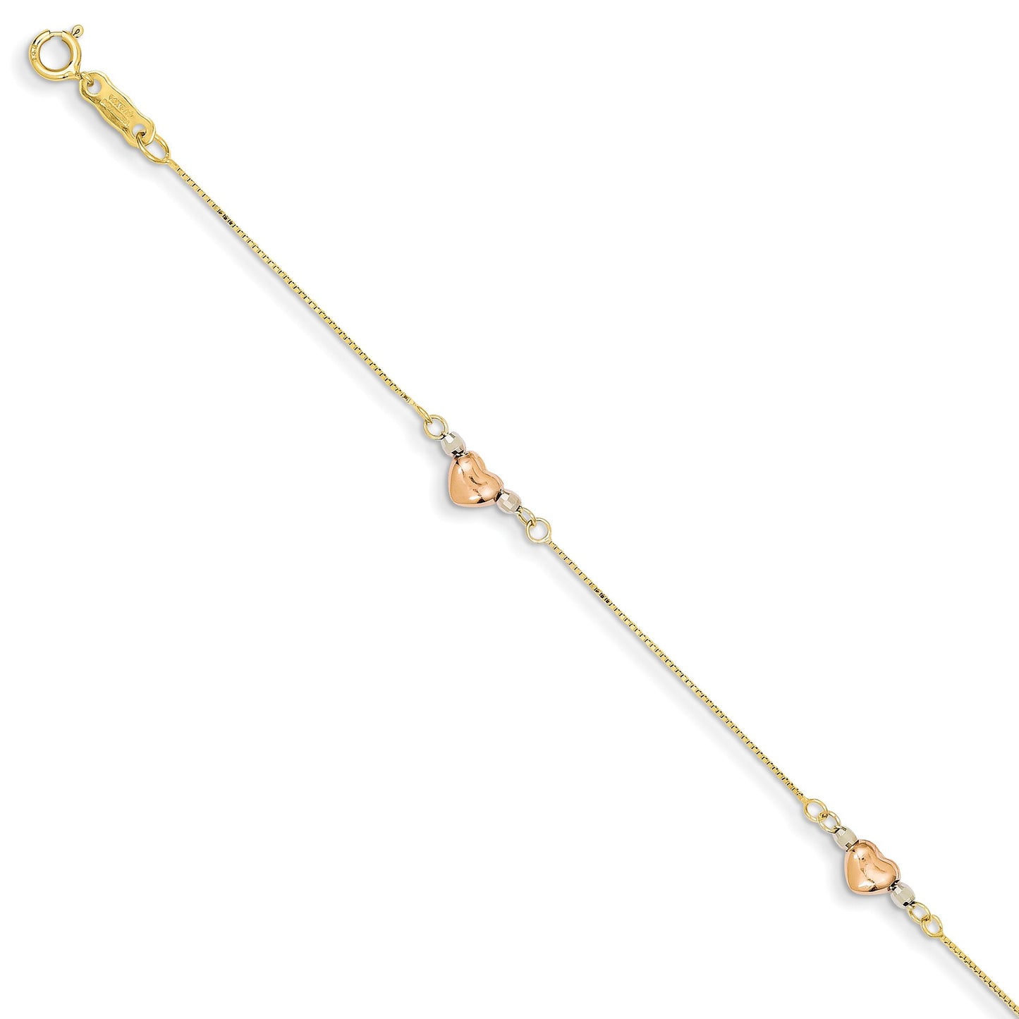 14K Tri Color Gold Heart Fancy Link Bracelet 7.25"
