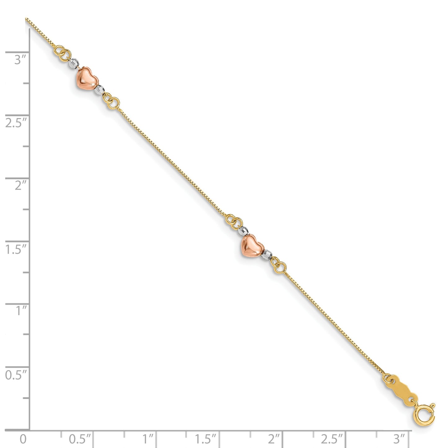 14K Tri Color Gold Heart Fancy Link Bracelet 7.25"