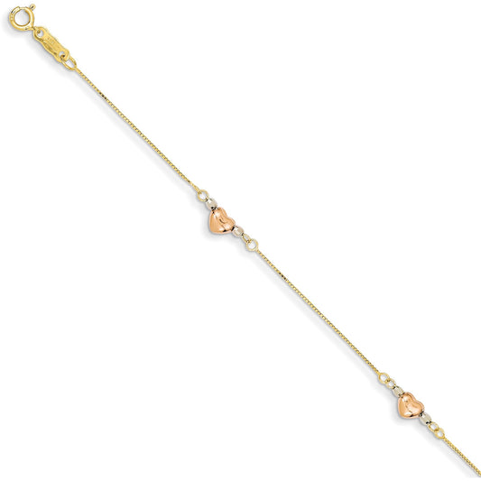 14K Tri Color Gold Heart Fancy Link Bracelet 7.25"