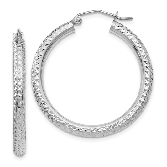 14K White Gold Diamond Cut Round Hoop Earrings