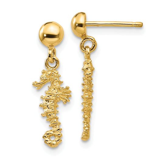 14K Gold 3-D Seahorse Dangle Earrings