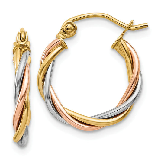 14K Gold Tri Color Twisted Hoop Earrings