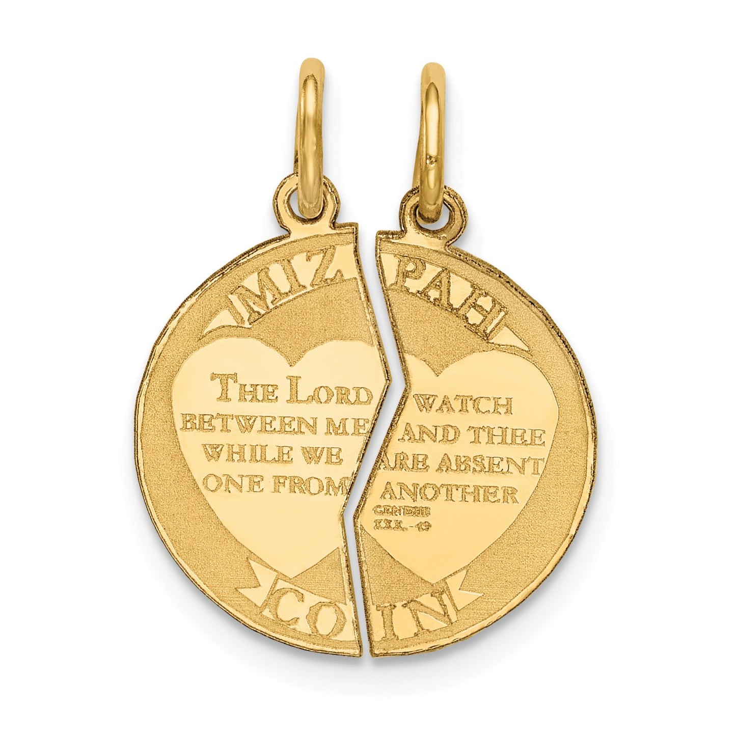 14K Yellow Gold Mizpah Charm Pendant Jewish Jewelry