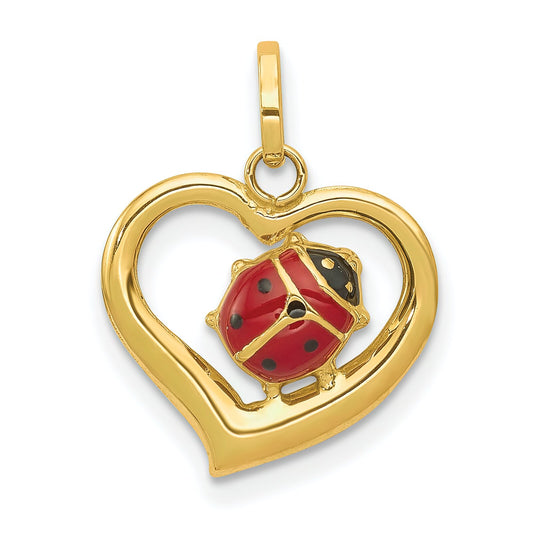 14K Gold Enameled Ladybug Heart Charm