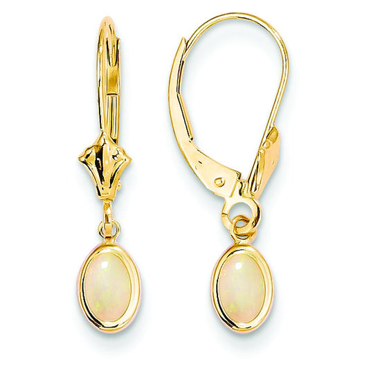 14K Gold October Opal Lever Back Earrings 6x4mm