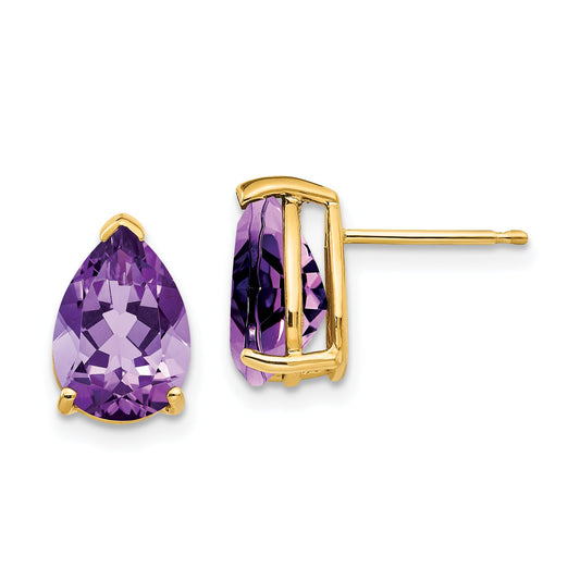 14K Gold Pear Amethyst Earrings 10x7mm