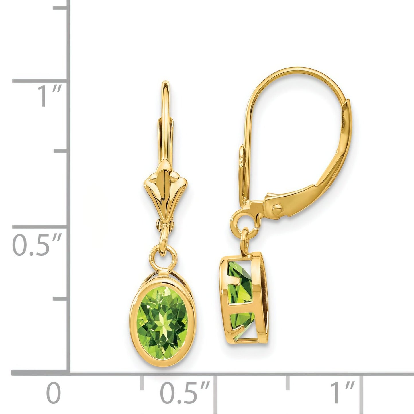 14K Gold Oval Peridot Lever Back Earrings 7x5mm