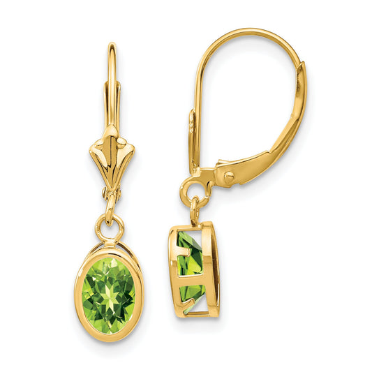 14K Gold Oval Peridot Lever Back Earrings 7x5mm