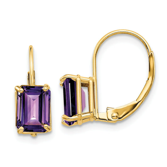 14K Gold Emerald Cut Amethyst Earrings 7x5mm