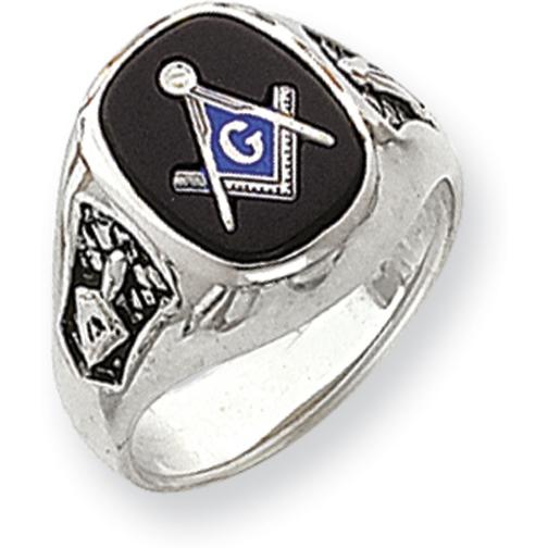14K White Gold Onyx Masonic Mens Ring Sz 10