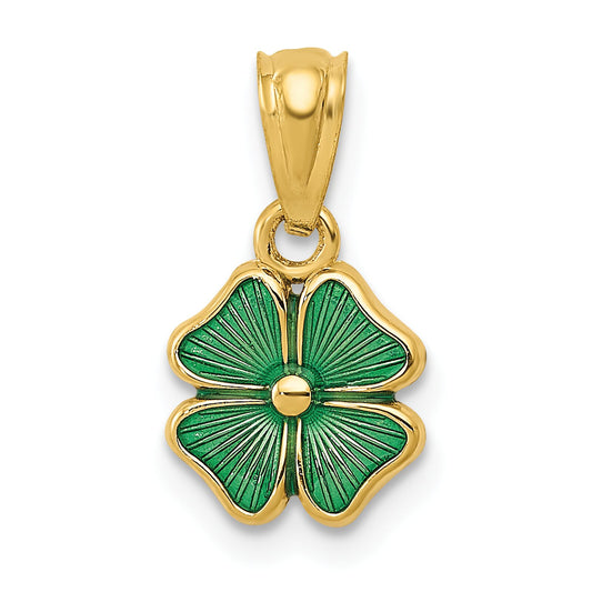 14K Gold Green Enameled Four Leaf Clover Pendant