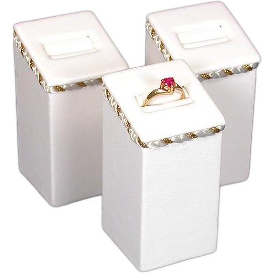 3 White Faux Leather Ring Display Stands W/Gold Trim