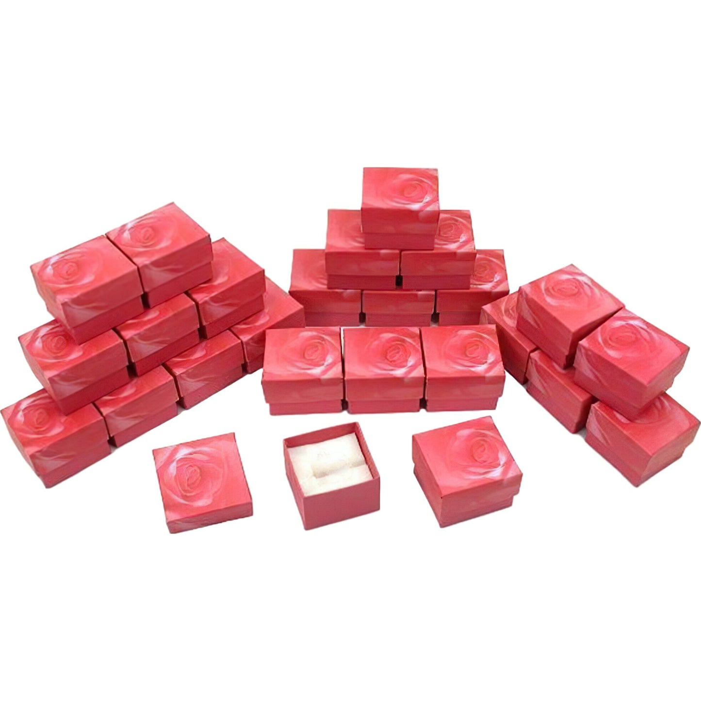 25 Pink Rose Cotton Ring Gift Boxes Jewelry Display