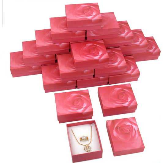 24 Pink Rose Ring Pendant Combo Gift Boxes Cotton Box